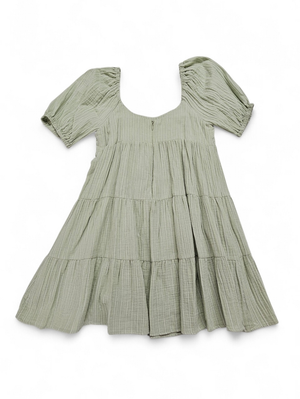 Every Square Neck Tiered Mini Dress With Puff Sleeve In Sage Green Stripe Size S - Picture 4 of 8